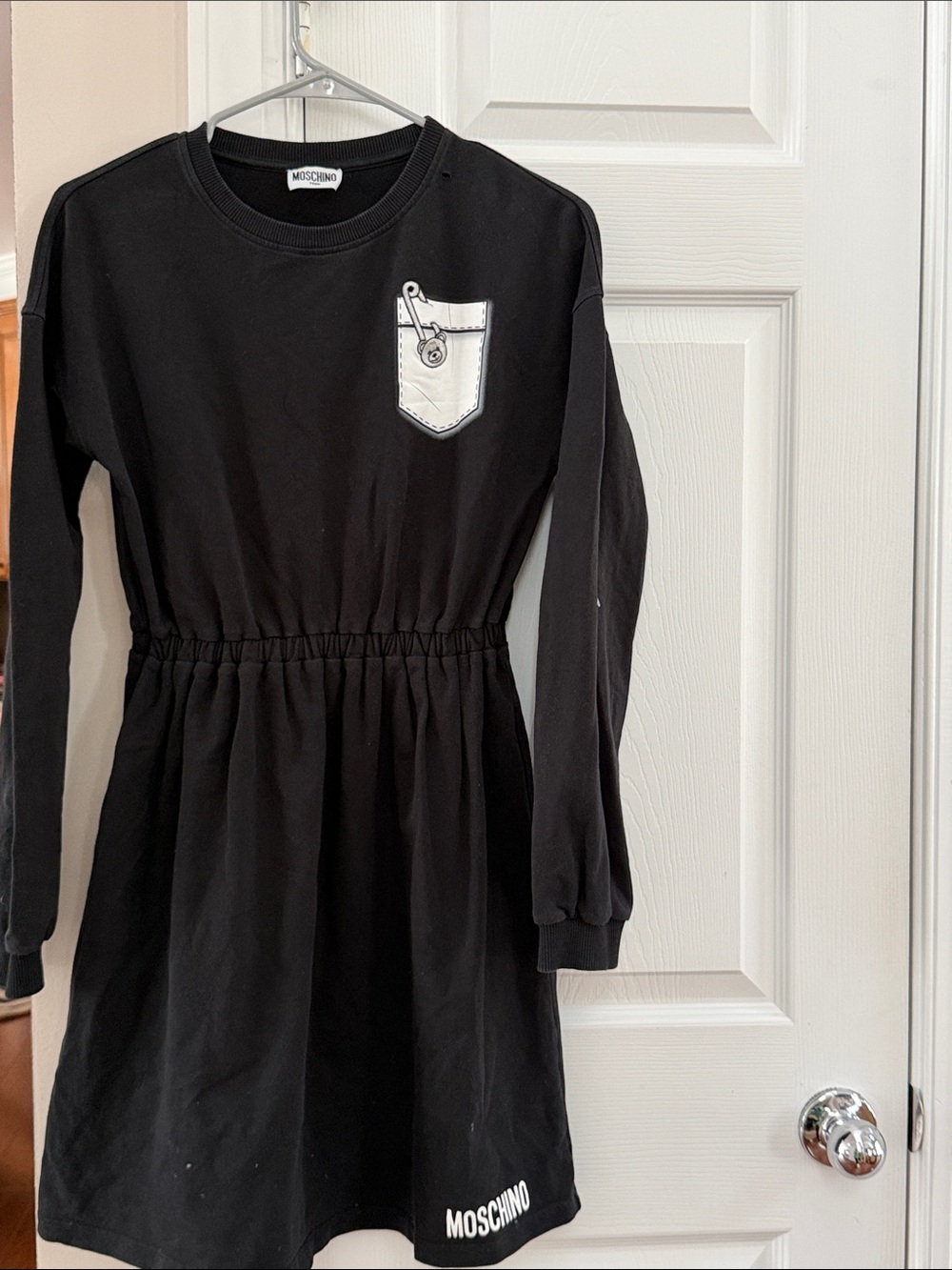 Moschino DRESS Black Girls Dress with White Pocket Detail